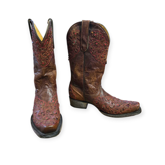 Old Gringo Shoes - Old Gringo Brown Leather Pink Red Embroidered Floral Western Boots Size 8